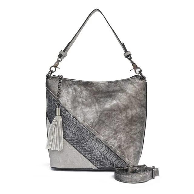 Vegan Leather Spliced Serpentine Satchel With Tassel - Silver - Luxury bags by WAAMII