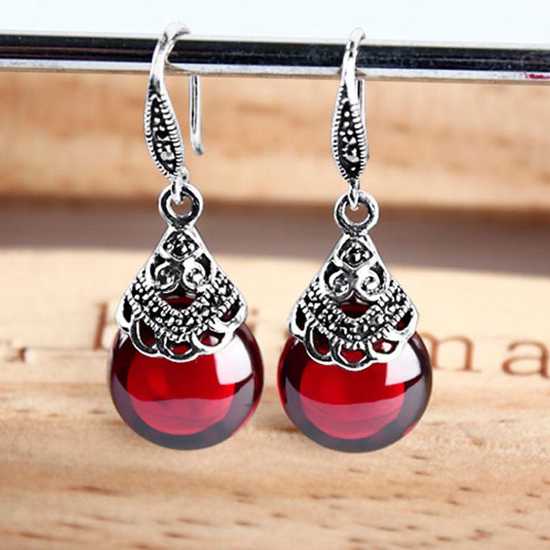 Vintage 925 Sterling Silver Engraving Red CZ Stone Oval Earrings - - Luxury Jewelry by WAAMII
