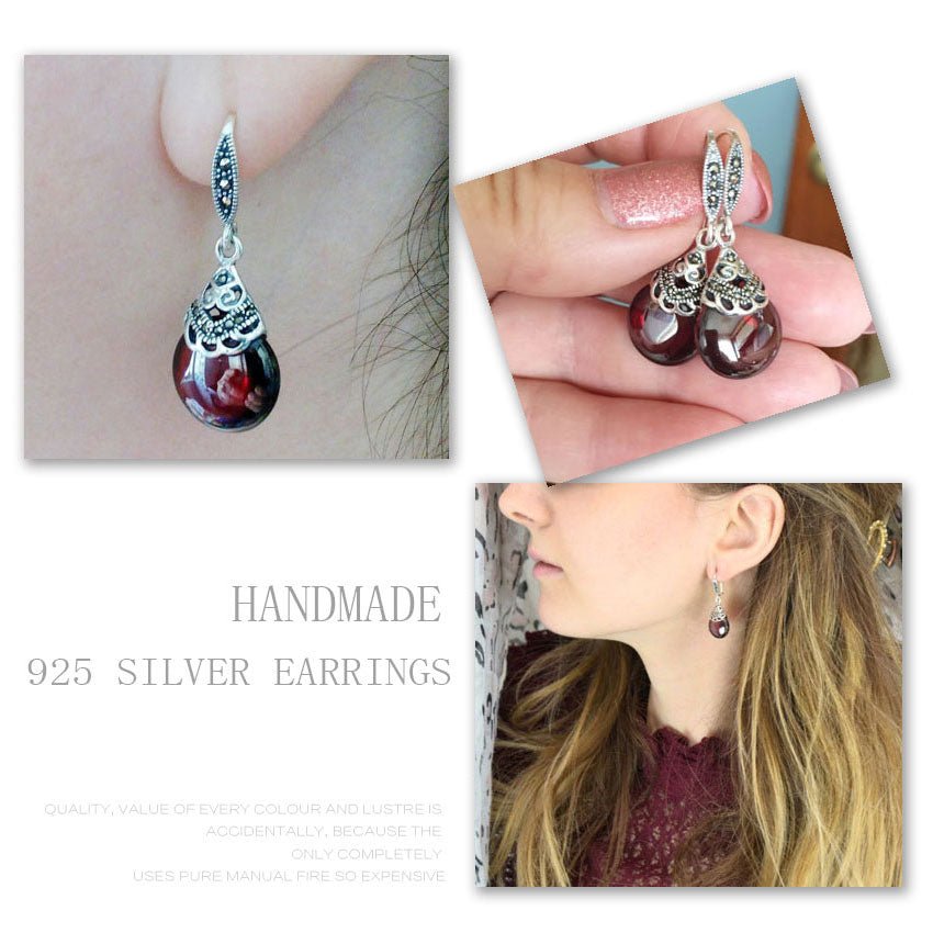 Vintage 925 Sterling Silver Engraving Red CZ Stone Oval Earrings - - Luxury Jewelry by WAAMII
