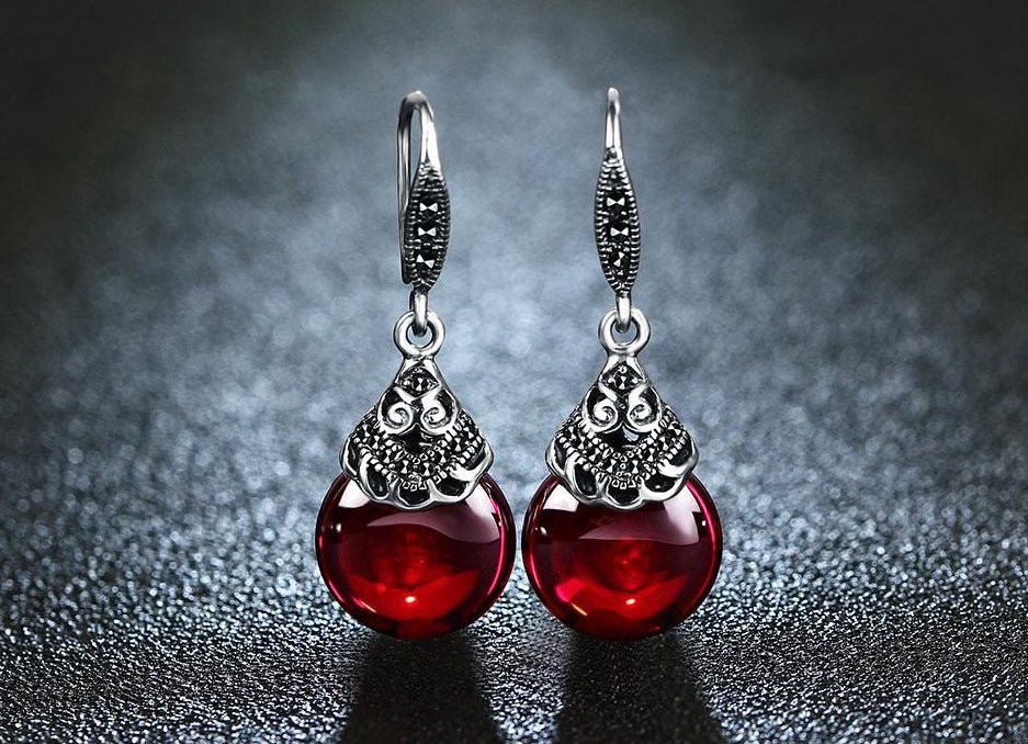 Vintage 925 Sterling Silver Engraving Red CZ Stone Oval Earrings - - Luxury Jewelry by WAAMII