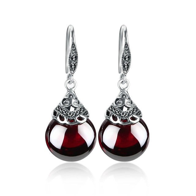 Vintage 925 Sterling Silver Engraving Red CZ Stone Oval Earrings - Default Title - Luxury Jewelry by WAAMII