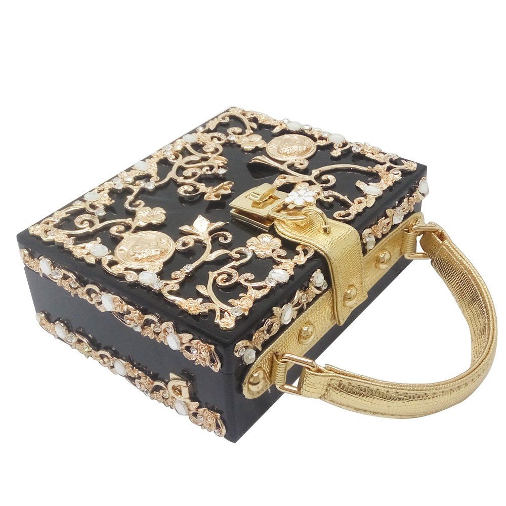 Vintage Buckle Beaded Gold Sequined Flower Clutch Handbag-Acrylic-Black - - Luxury bags by WAAMII