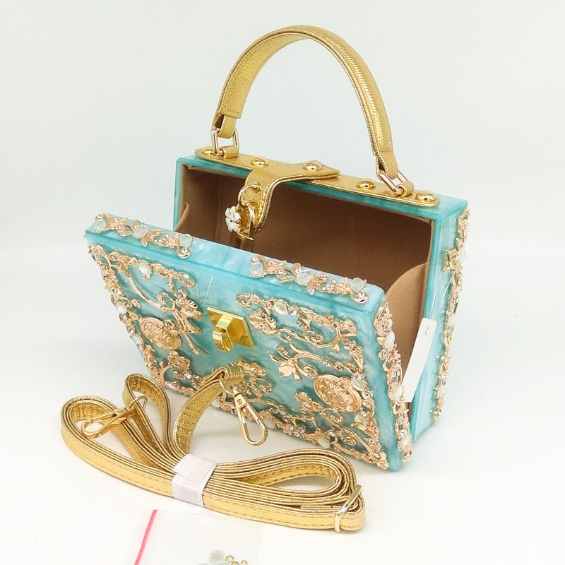 Vintage Buckle Beaded Gold Sequined Flower Clutch Handbag-Acrylic-Black bags WAAMII