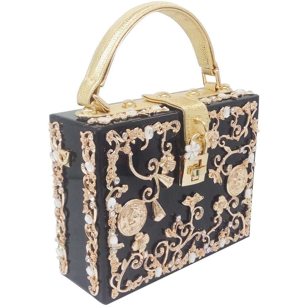 Vintage Buckle Beaded Gold Sequined Flower Clutch Handbag-Acrylic-Black bags WAAMII