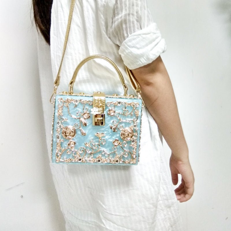 Vintage Buckle Beaded Gold Sequined Flower Clutch Handbag-Acrylic-Black - - Luxury bags by WAAMII