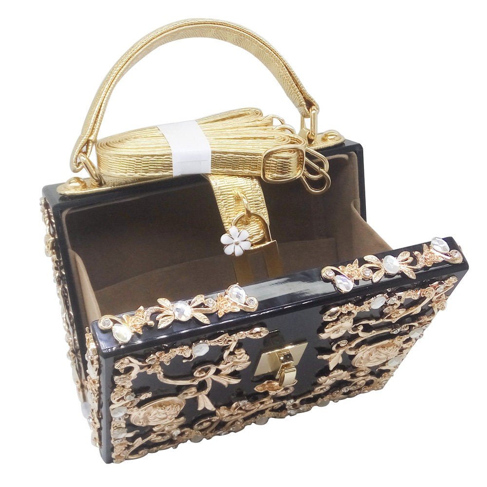Vintage Buckle Beaded Gold Sequined Flower Clutch Handbag-Acrylic-Black - - Luxury bags by WAAMII