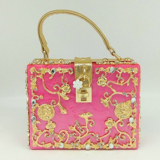 Vintage Buckle Beaded Gold Sequined Flower Clutch Handbag-Acrylic-Black bags WAAMII Fuchsia Handbag
