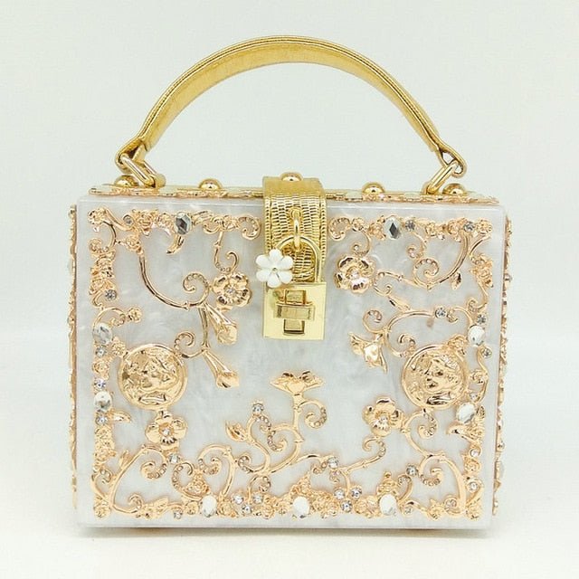 Vintage Buckle Beaded Gold Sequined Flower Clutch Handbag-Acrylic-Black bags WAAMII White Handbag