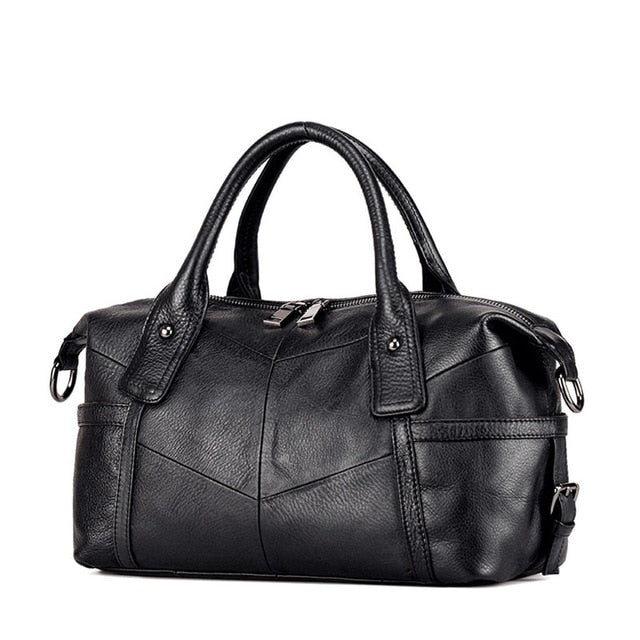 Vintage Designer Multi-pocket Genuine Leather Boston Bag - Black - Luxury bags by WAAMII