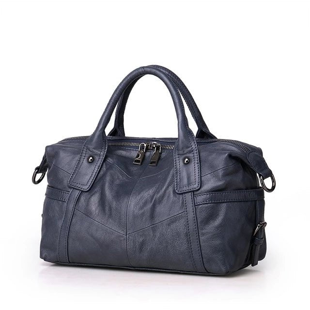 Vintage Designer Multi-pocket Genuine Leather Boston Bag - Blue - Luxury bags by WAAMII