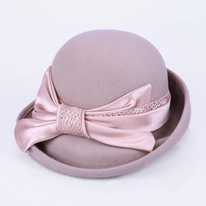 Vintage Winter Irregular Brim Bowknot Wool Cloche Fedora Hat Accessories WAAMII Pink  