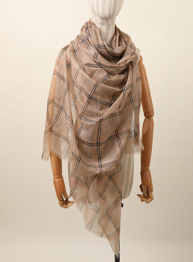 Designer Shawl Gold Thread Metalic Plaid Scarf-Pink/Black - - Luxury Accessories by WAAMII