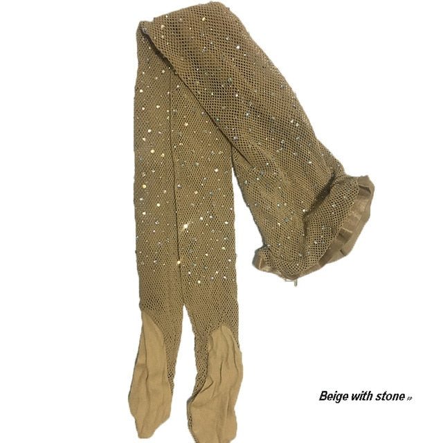 Women Sheer Sparkle Glitter Rhinestone Fishnet Pantyhose - Beige One Size - Luxury Accessories by WAAMII