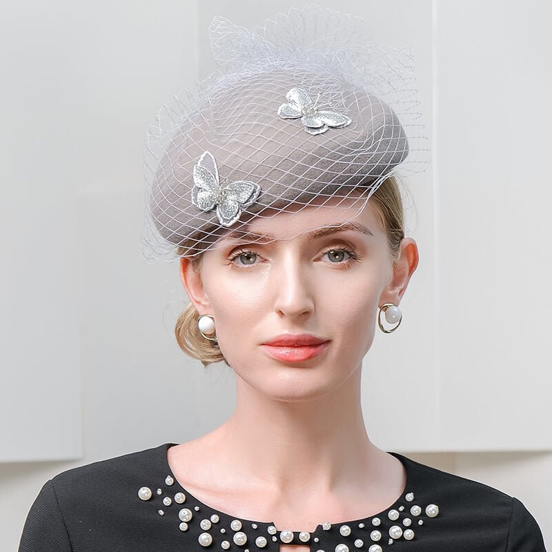 Women Wool Beret Veil Fascinator Butterfly Hat Church Hat WB3141 - - Luxury Accessories by WAAMII