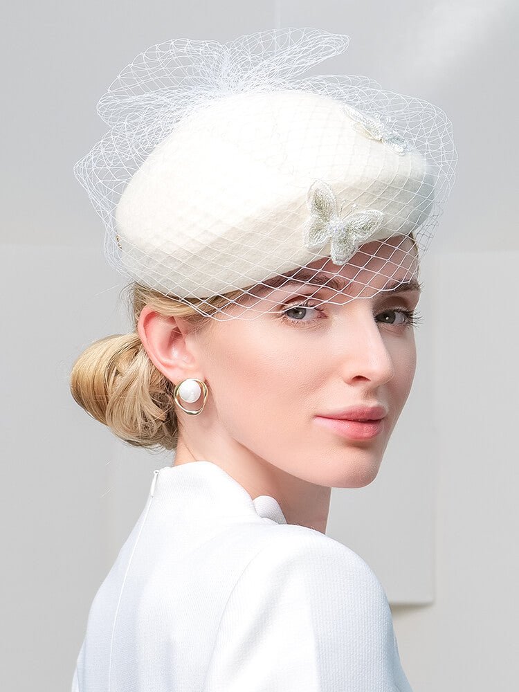Women Wool Beret Veil Fascinator Butterfly Hat Church Hat WB3141 - - Luxury Accessories by WAAMII
