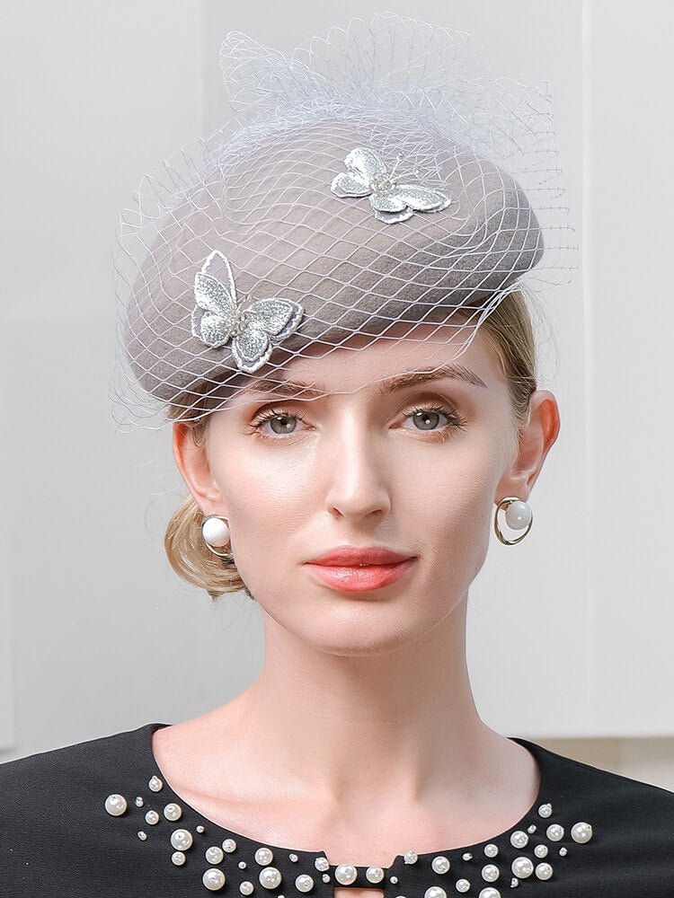 Women Wool Beret Veil Fascinator Butterfly Hat Church Hat WB3141 Accessories WAAMII   