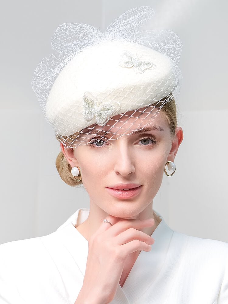 Women Wool Beret Veil Fascinator Butterfly Hat Church Hat WB3141 - - Luxury Accessories by WAAMII