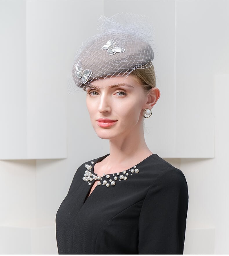 Women Wool Beret Veil Fascinator Butterfly Hat Church Hat WB3141 - - Luxury Accessories by WAAMII