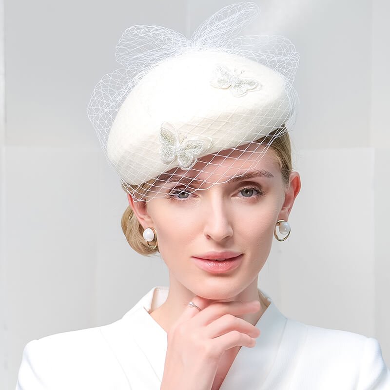 Women Wool Beret Veil Fascinator Butterfly Hat Church Hat WB3141 - White - Luxury Accessories by WAAMII