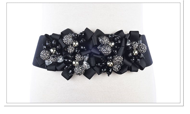 Womens Crystal Flower Elastic Belt Waistband-Black - - Luxury Accessories by WAAMII