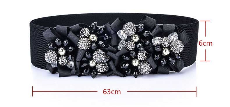 Womens Crystal Flower Elastic Belt Waistband-Black - - Luxury Accessories by WAAMII