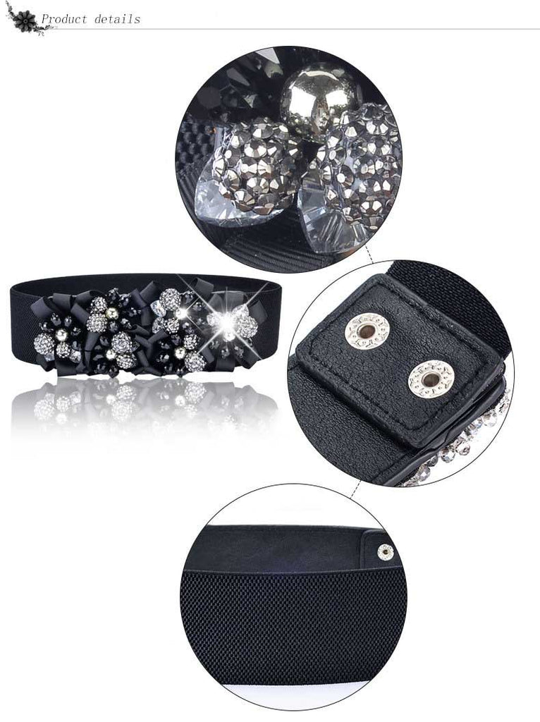 Womens Crystal Flower Elastic Belt Waistband-Black - - Luxury Accessories by WAAMII