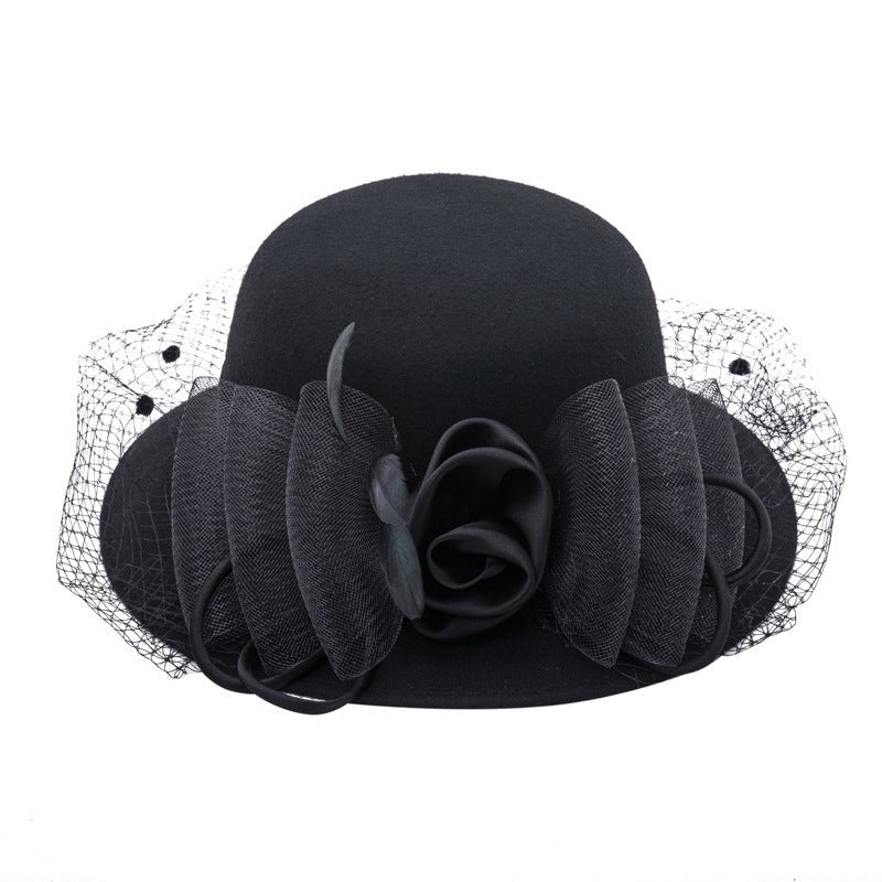 Wool Fascinator Silk Flower Derby Church Hat With Veil - Black - Luxury Accessories by WAAMII
