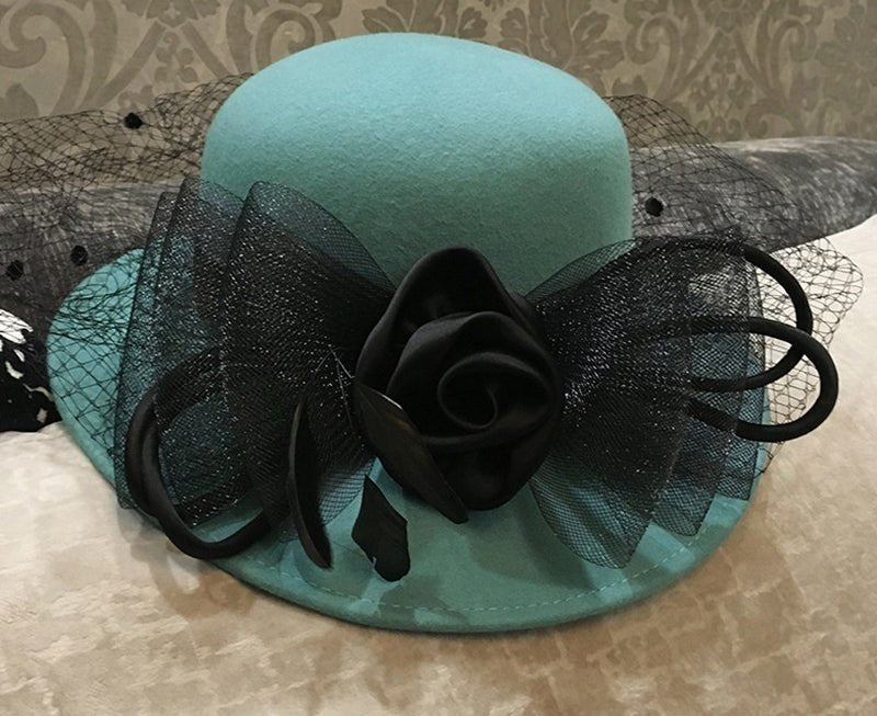 Wool Fascinator Silk Flower Derby Church Hat With Veil - Turquoise - Luxury Accessories by WAAMII