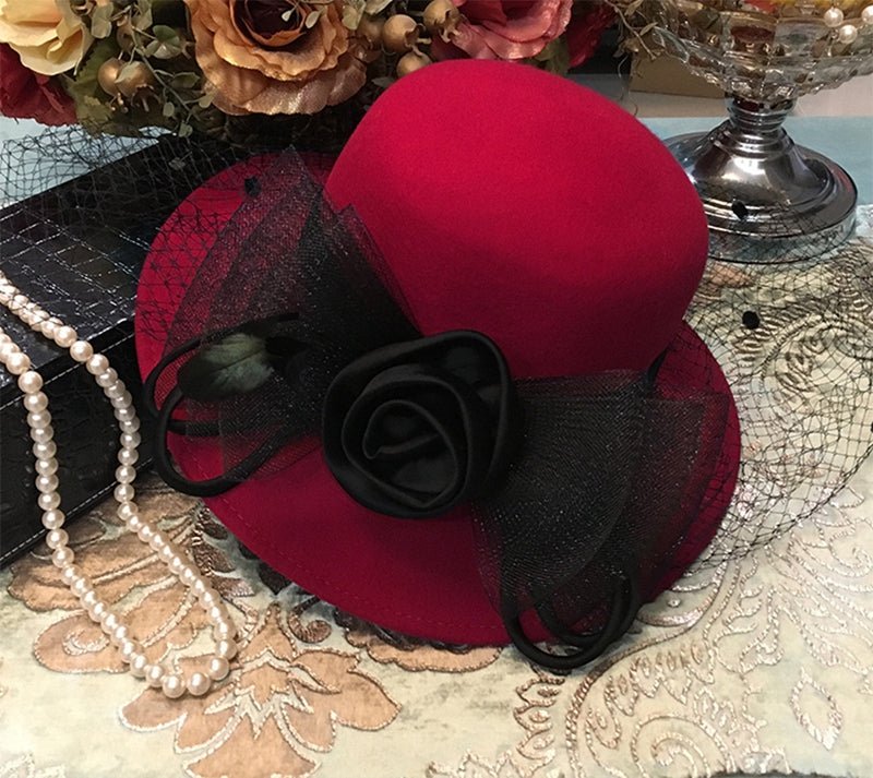 Wool Fascinator Silk Flower Derby Church Hat With Veil - Red - Luxury Accessories by WAAMII