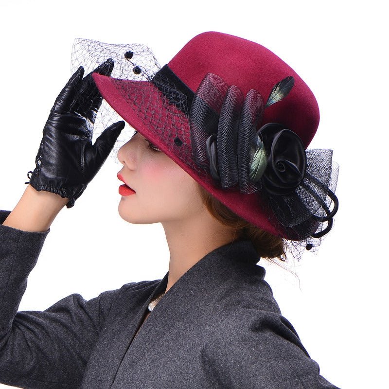 Wool Fascinator Silk Flower Derby Church Hat With Veil - - Luxury Accessories by WAAMII