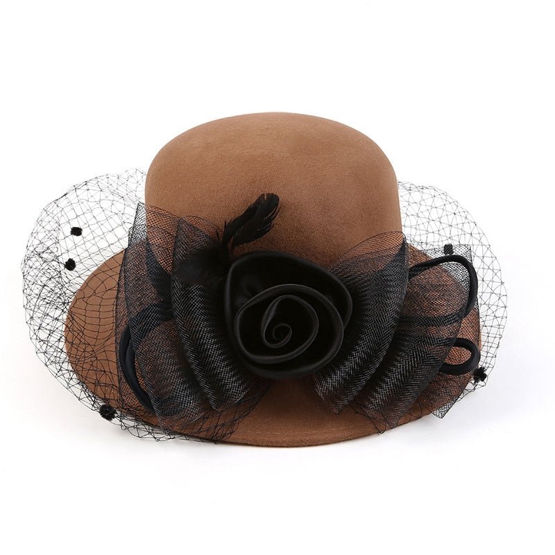 Wool Fascinator Silk Flower Derby Church Hat With Veil - Brown - Luxury Accessories by WAAMII