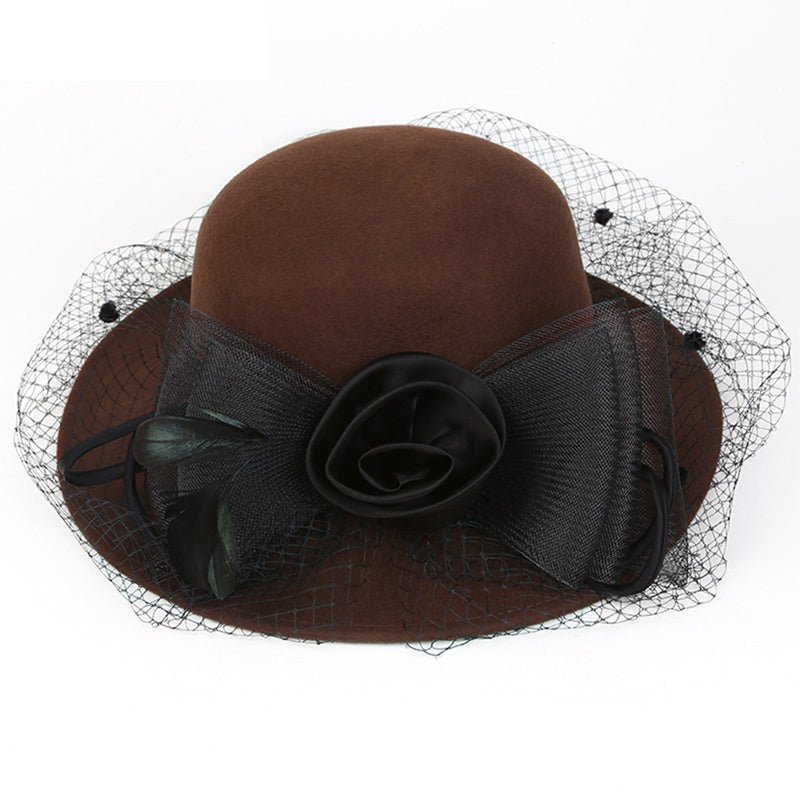 Wool Fascinator Silk Flower Derby Church Hat With Veil - Coffee - Luxury Accessories by WAAMII