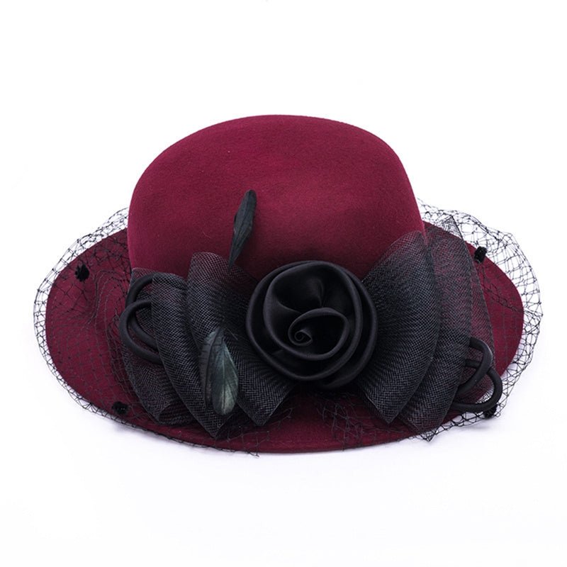 Wool Fascinator Silk Flower Derby Church Hat With Veil - wine - Luxury Accessories by WAAMII