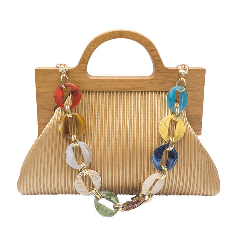 Wrinkle Leather Wooden Handle Clutch Crossbody Bag With Acrylic Bold Chains - Gold - Luxury bags by WAAMII