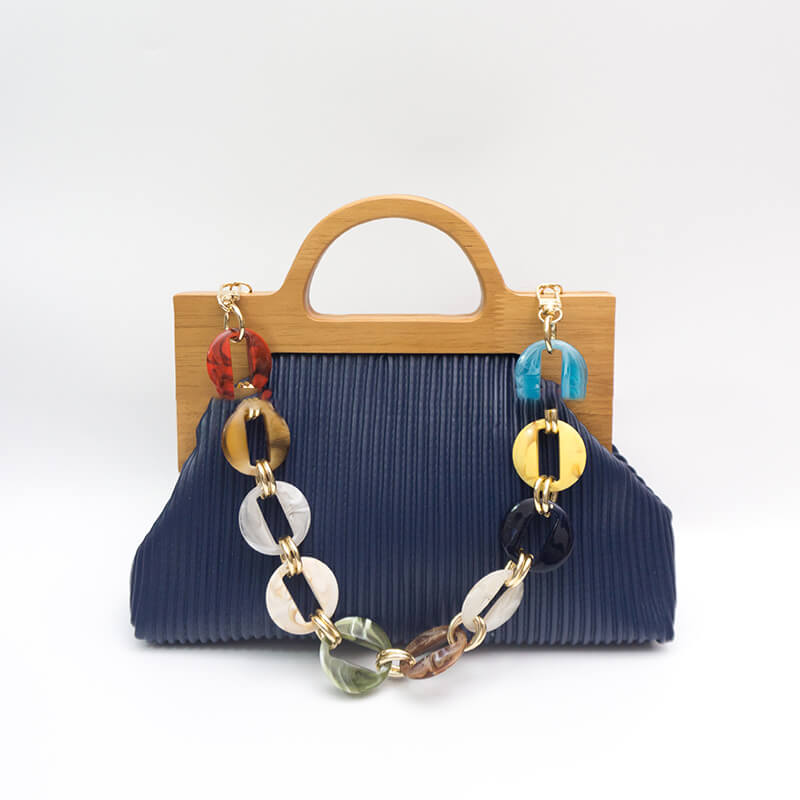 Wrinkle Leather Wooden Handle Clutch Crossbody Bag With Acrylic Bold Chains - Blue - Luxury bags by WAAMII