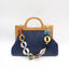 Wrinkle Leather Wooden Handle Clutch Crossbody Bag With Acrylic Bold Chains - Blue - Luxury bags by WAAMII