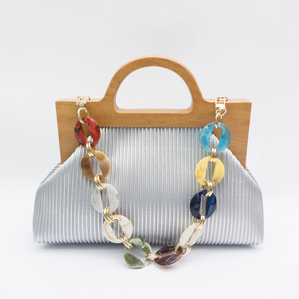 Wrinkle Leather Wooden Handle Clutch Crossbody Bag With Acrylic Bold Chains - Silver - Luxury bags by WAAMII