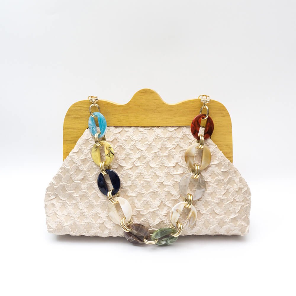 Wrinkle Leather Wooden Handle Clutch Crossbody Bag With Acrylic Bold Chains - Apricot - Luxury bags by WAAMII