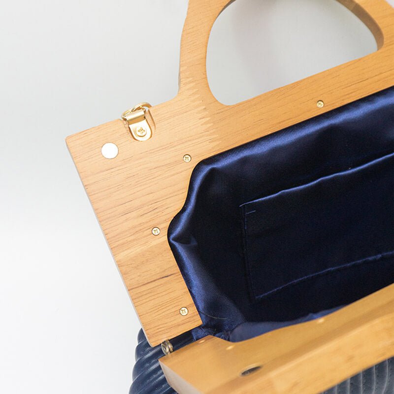 Wrinkle Leather Wooden Handle Clutch Crossbody Bag With Acrylic Bold Chains - - Luxury bags by WAAMII