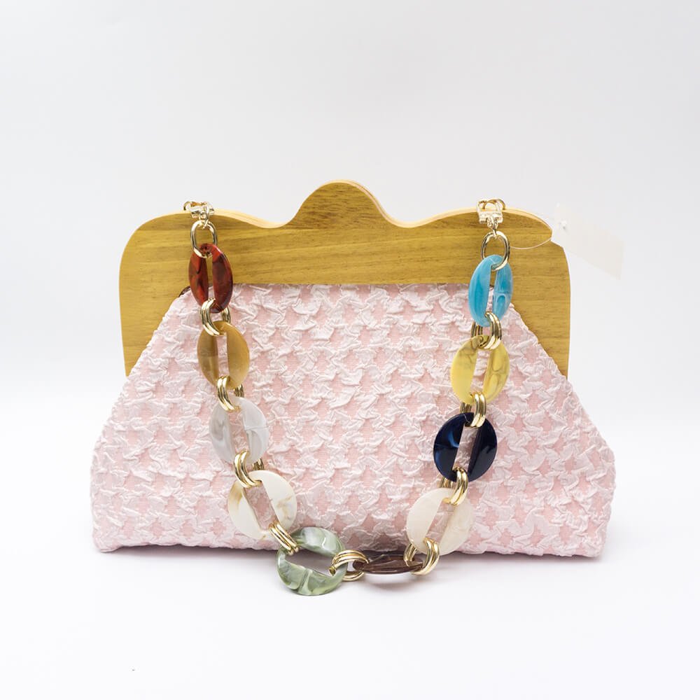 Wrinkle Leather Wooden Handle Clutch Crossbody Bag With Acrylic Bold Chains - Pink - Luxury bags by WAAMII