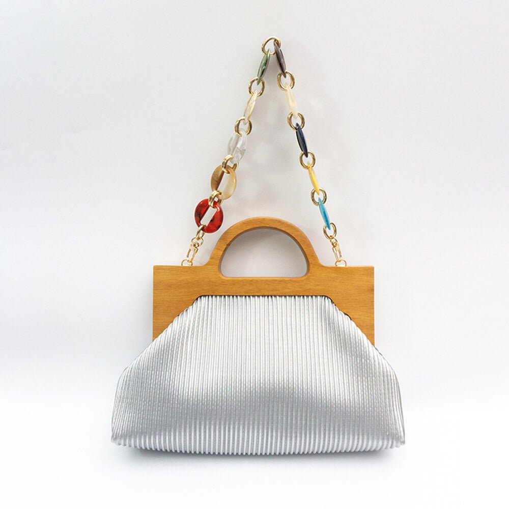 Wrinkle Leather Wooden Handle Clutch Crossbody Bag With Acrylic Bold Chains - - Luxury bags by WAAMII