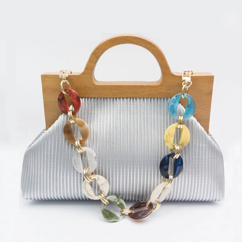 Wrinkle Leather Wooden Handle Clutch Crossbody Bag With Acrylic Bold Chains - - Luxury bags by WAAMII