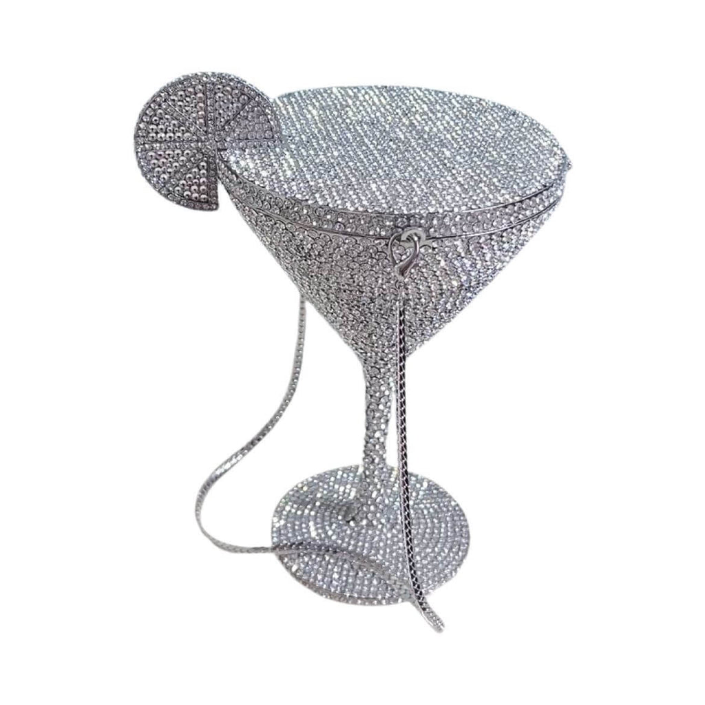 CrystaTini Stemmed Cocktail Clutch with Lemon Slice & Mirror Lid in Silver - WAAMII