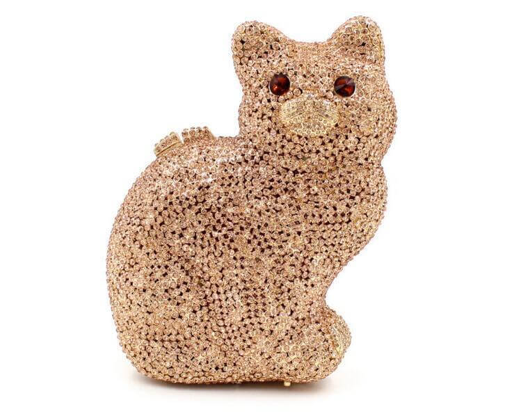 Sparkle Meow Kitty Rhinestone Clutch Purse in Champagne Gold - WAAMII