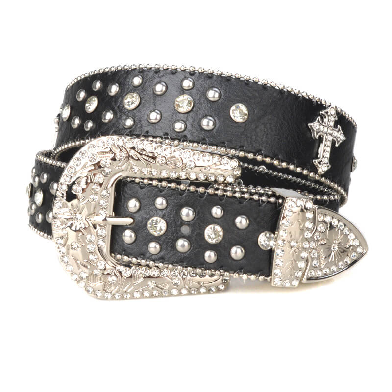 GothGlow Crystal Cross Leather Belt-Black | WAAMII