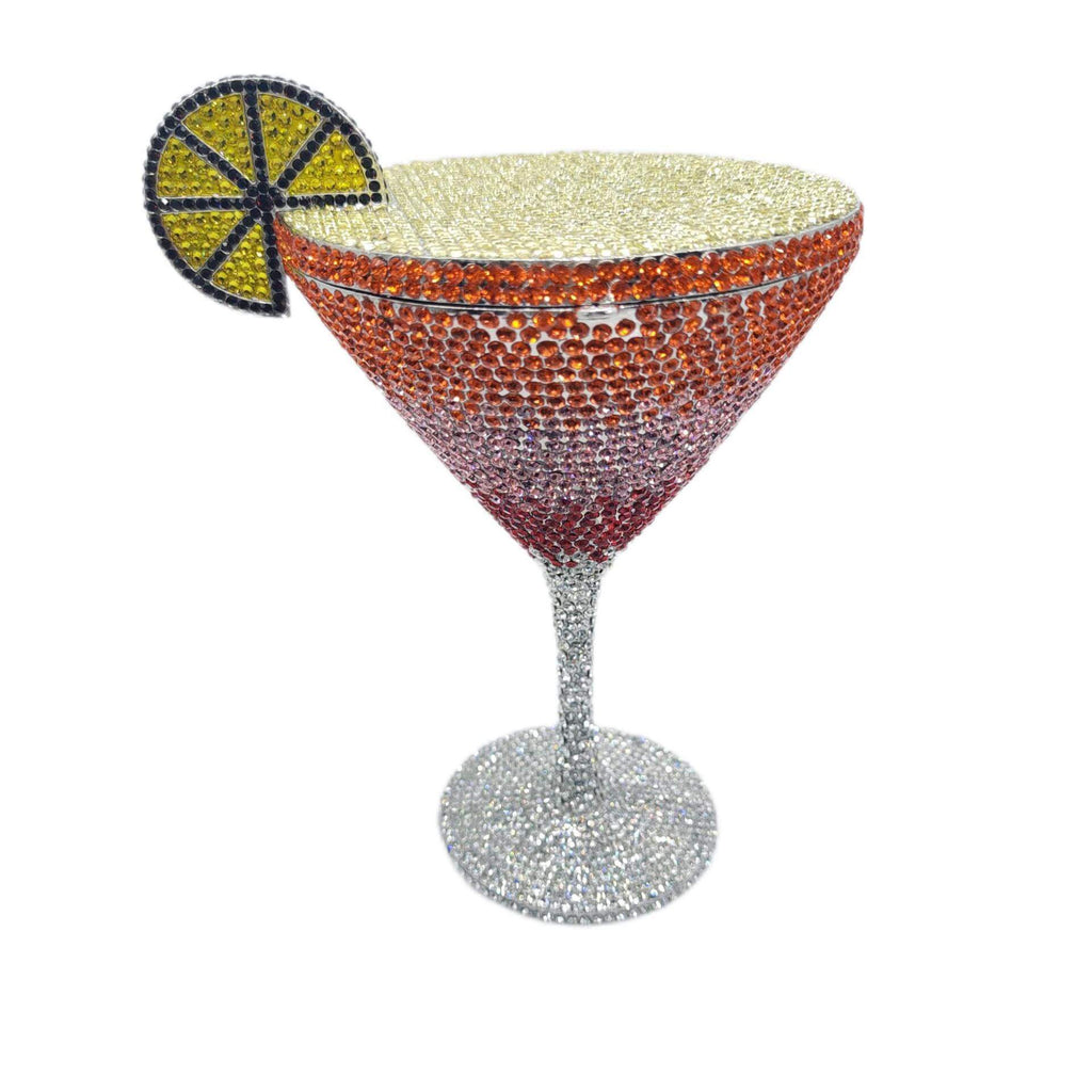 CrystaTini Stemmed Cocktail Clutch with Lemon Slice & Mirror Lid in Red Orange - WAAMII
