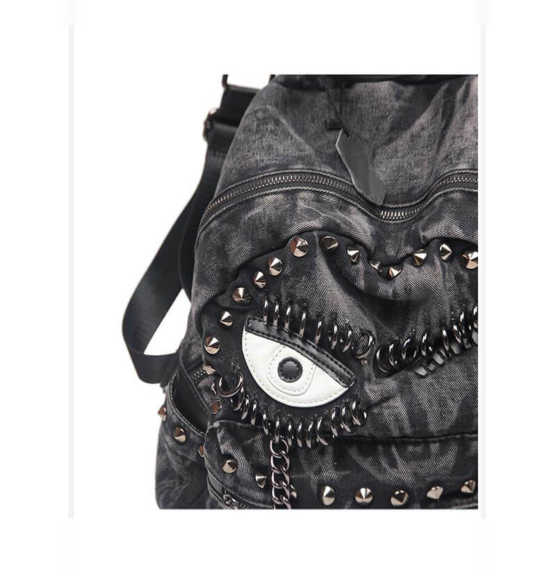 Black Denim Studded Chain Punk Backpack - Side profile (6) - WAAMII