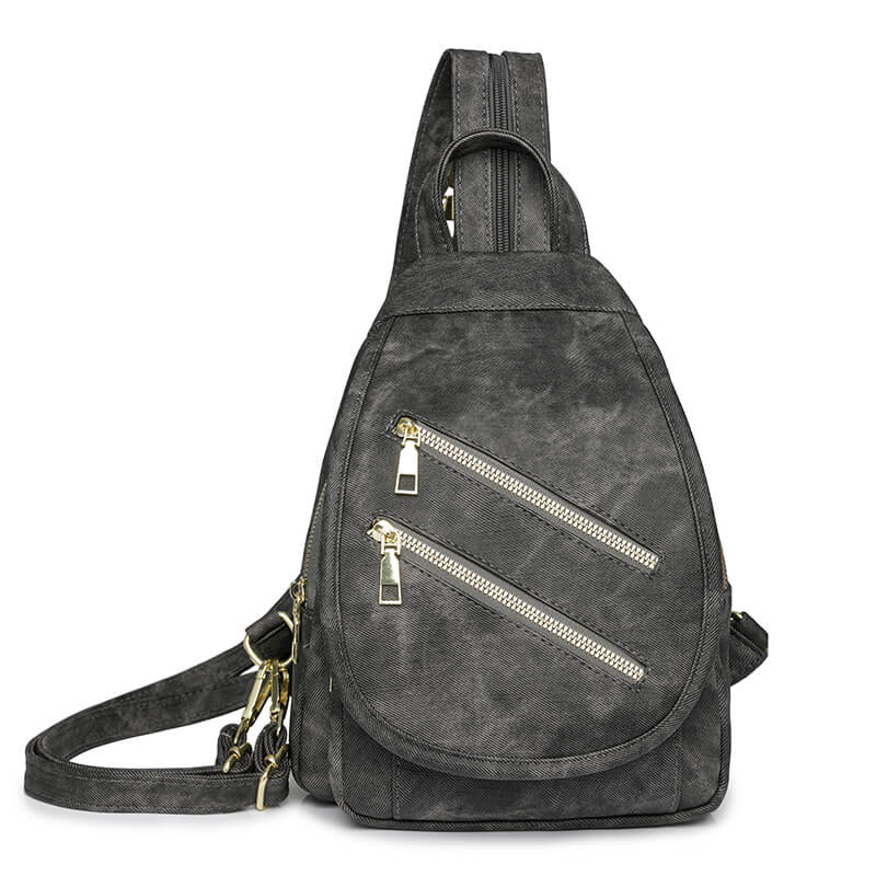 Mini Leather Backpack Multi-Pocket Chest Bag for Women in Black - WAAMII
