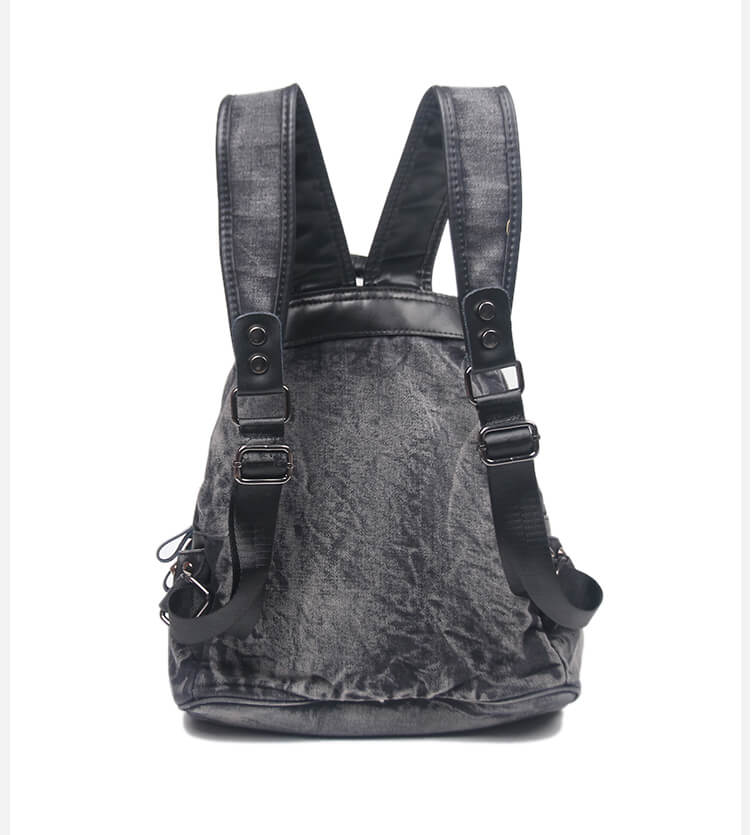 Black Denim Studded Chain Punk Backpack - Back view (5) - WAAMII