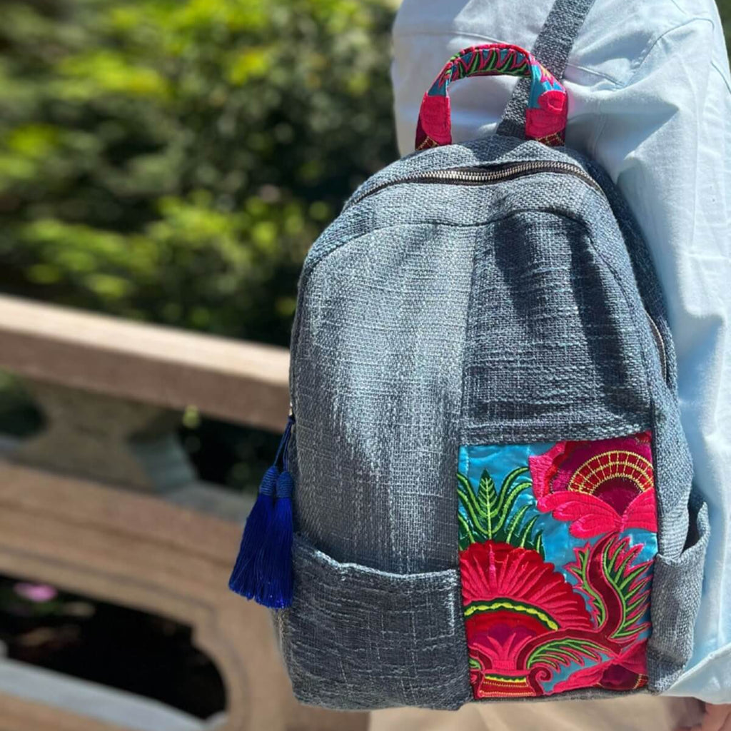 Ethnic Embroidered Colorblock Cotton Linen Backpack - Back view (5) - WAAMII